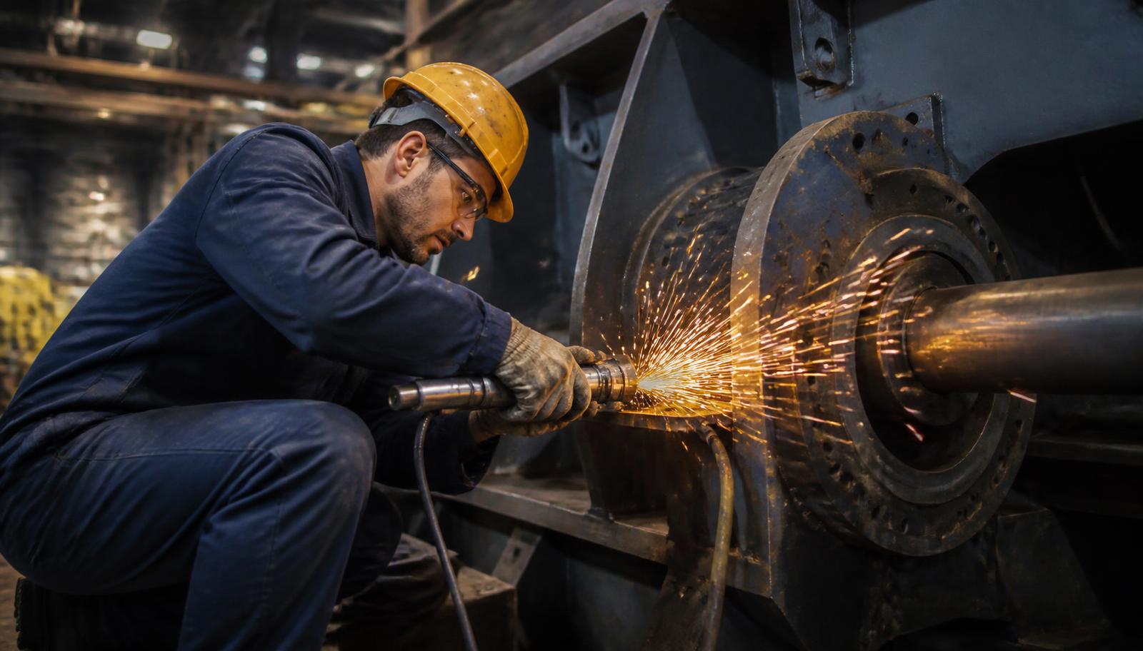 Técnico a efectuar manutenção numa máquina industrial